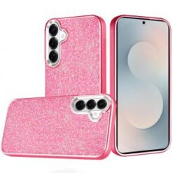 Samsung s26 Crystal Glass Diamond with Metallic Buttons and Edges Hybrid Case - Hot Pink