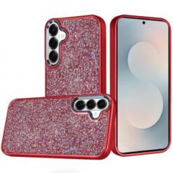Samsung s26 Crystal Glass Diamond with Metallic Buttons and Edges Hybrid Case - Red