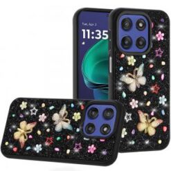 Moto G Stylus 5G 2026/2025 Butterfly Ornaments Diamond Bling Glitter Hybrid Case - Black