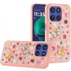 Moto G Stylus 5G 2026/2025 Butterfly Ornaments Diamond Bling Glitter Hybrid Case - Light Pink