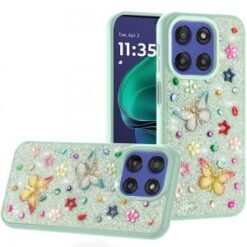 Moto G Stylus 5G 2026/2025 Butterfly Ornaments Diamond Bling Glitter Hybrid Case - Teal