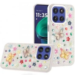 Moto G Stylus 5G 2026/2025 Butterfly Ornaments Diamond Bling Glitter Hybrid Case - White