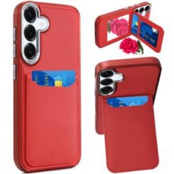 Samsung s26 Plus Card Holder with Mirror Inside PU Leather Hybrid Case - Red
