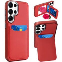 Samsung s26 Ultra Card Holder with Mirror Inside PU Leather Hybrid Case - Red