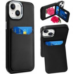 iPhone 13 6.1 Card Holder with Mirror Inside PU Leather Hybrid Case - Black