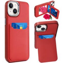 iPhone 13 6.1 Card Holder with Mirror Inside PU Leather Hybrid Case - Red