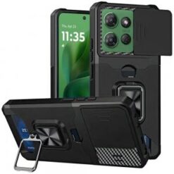 Moto G Power 2026/2025 Multi-Functional Card Magnetic Ring Stand Hybrid Camera Case Cover - Blac