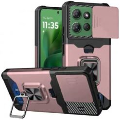 Moto G Power 2026/2025 Multi-Functional Card Magnetic Ring Stand Hybrid Camera Case Cover - Rose