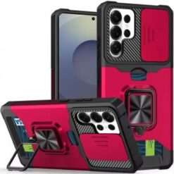 Samsung s26 Ultra Multi-Functional Card Magnetic Ring Stand Hybrid Camera Case Cover - Hot Pink