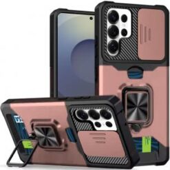 Samsung s26 Ultra Multi-Functional Card Magnetic Ring Stand Hybrid Camera Case Cover - Rose Gold