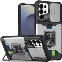 Samsung s26 Ultra Multi-Functional Card Magnetic Ring Stand Hybrid Camera Case Cover - Silver