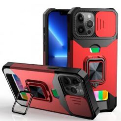 iPhone 13 Pro Multi-Functional Card Magnetic Ring Stand Hybrid Camera Case Cover - Red