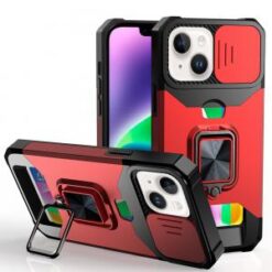 iPhone 13/14 Multi-Functional Card Magnetic Ring Stand Hybrid Camera Case Cover - Red