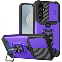 Samsung s26 Multi-Functional Card Magnetic Ring Stand Hybrid Camera Case Cover - Dark Purple