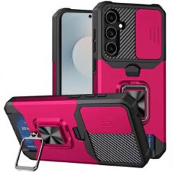Samsung s26 Multi-Functional Card Magnetic Ring Stand Hybrid Camera Case Cover - Hot Pink
