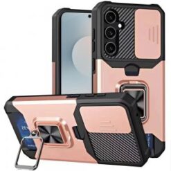 Samsung s26 Multi-Functional Card Magnetic Ring Stand Hybrid Camera Case Cover - Rose Gold