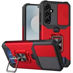 Samsung s26 Multi-Functional Card Magnetic Ring Stand Hybrid Camera Case Cover - Red
