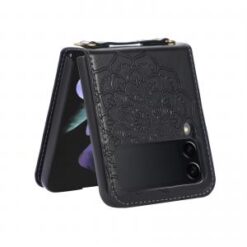 Samsung Z Flip 7FE / Flip 6 Embossed Floral Design Case Cover with Strap - Black