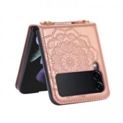 Samsung Z Flip 7FE / Flip 6 Embossed Floral Design Case Cover with Strap - Rose Gold