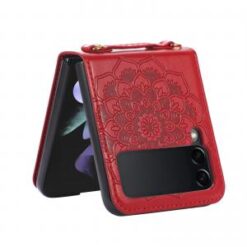 Samsung Z Flip 7FE / Flip 6 Embossed Floral Design Case Cover with Strap - Red