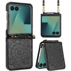 Samsung Z Flip 7 Embossed Floral Design Case Cover with Strap - Black