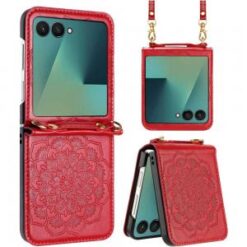 Samsung Z Flip 7 Embossed Floral Design Case Cover with Strap - Red