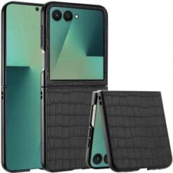 Samsung Z Flip 7 PU Vegan Leather Premium Hard Snap On Case Cover - Black