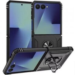 Samsung Z Flip 7 Magnetic Ring Kickstand Hybrid Case Cover - Black