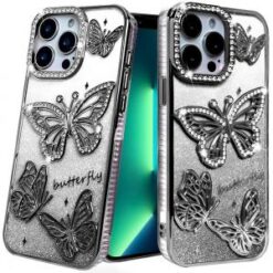 iPhone 13 Pro Butterfly Freedom Shimmer Glitter Thick TPU Case Cover - Black