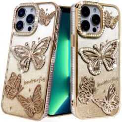 iPhone 13 Pro Butterfly Freedom Shimmer Glitter Thick TPU Case Cover - Gold