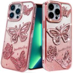 iPhone 13 Pro Butterfly Freedom Shimmer Glitter Thick TPU Case Cover - Rose Gold