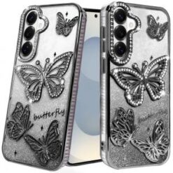 Samsung s26 Butterfly Freedom Shimmer Glitter Thick TPU Case Cover - Black