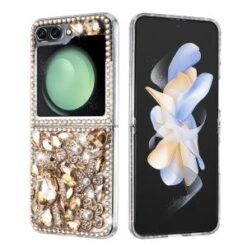 Samsung Z Flip 7FE / Flip 6 Full Diamond with Ornaments Hard TPU Case Cover - Gold Panda Floral