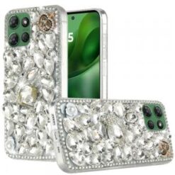 Moto G Power 2026/2025 Full Diamond with Ornaments Hard TPU Case Cover - Silver Swan Crown Pearl