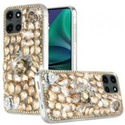 Moto G Stylus 5G 2026/2025 Full Diamond with Ornaments Case Cover - Gold Swan Crown Pearl