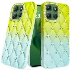 Moto G Power 2026/2025 Floral Joy Glitter Shimmer Leather Feel Thick TPU Case - Light Green/Teal