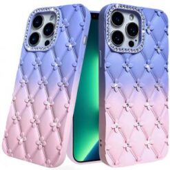 iPhone 13 Pro Floral Joy Glitter Shimmer Leather Feel Thick TPU Case - Light Blue/Light Pink