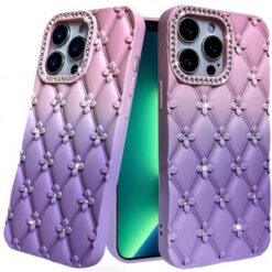 iPhone 13 Pro Floral Joy Glitter Shimmer Leather Feel Thick TPU Case - Light Pink/Light Purple