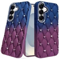 Samsung s26 Floral Joy Glitter Shimmer Leather Feel Thick TPU Case - Dark Blue/Burgundy