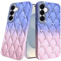 Samsung s26 Floral Joy Glitter Shimmer Leather Feel Thick TPU Case - Light Blue/Light Pink