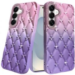Samsung s26 Floral Joy Glitter Shimmer Leather Feel Thick TPU Case - Light Pink/Light Purple