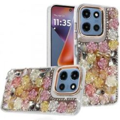 For Moto G 5G 2025/2026 - G Play 2026 - Muti-Color Floral Bling Stones Ornaments Case - Orange