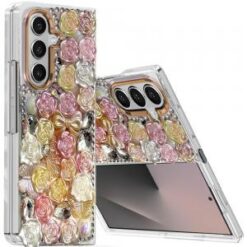 Samsung Z Fold 7 Muti-Color Floral Bling Stones Ornaments Case - Orange
