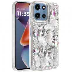 For Moto G 5G 2025/2026 - G Play 2026 - Lavished Floral Butterfly Bling Stones Hybrid Case - Silver