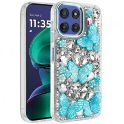 Moto G Stylus 5G 2026/2025 Lavished Floral Butterfly Bling Stones Hybrid Case - Blue