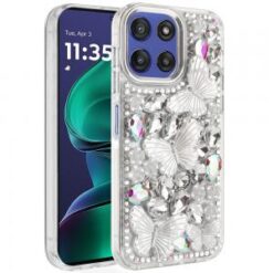 Moto G Stylus 5G 2026/2025 Lavished Floral Butterfly Bling Stones Hybrid Case - Silver