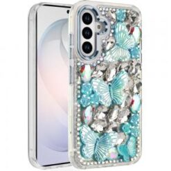 Samsung s26 Lavished Floral Butterfly Bling Stones Hybrid Case - Blue