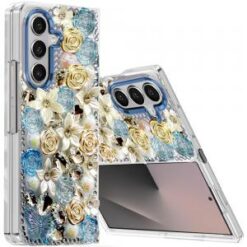 Samsung Z Fold 7 Muti-Color Rose Bling Stones Ornaments Case - Blue