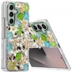 Samsung Z Fold 7 Muti-Color Rose Bling Stones Ornaments Case - Green