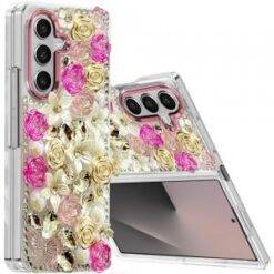 Samsung Z Fold 7 Muti-Color Rose Bling Stones Ornaments Case - Pink